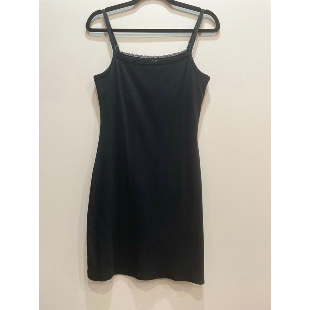 Aerie Black Ribbed Lace Trim Chemise Slip Dress M Cotton 90s Y2K Shelf Bra